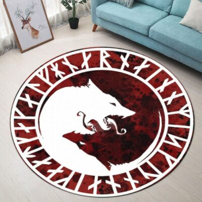 Red And White Wolf Round Carpet Rug - Round Rugs RG702